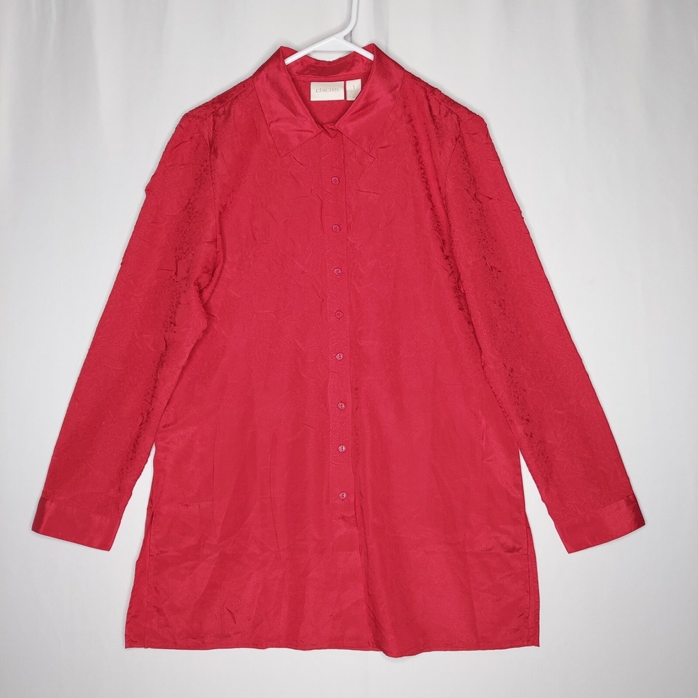 Chicos Button Collar Tunic Top Women Medium Red Crinkle Textured Slit